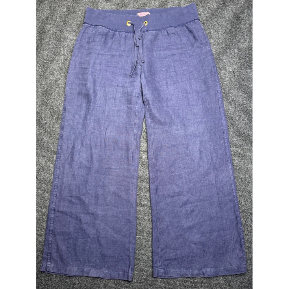 Lilly Pulitzer Womens Navy Blue Wide Leg Linen Pants Drawstring Size L Preppy